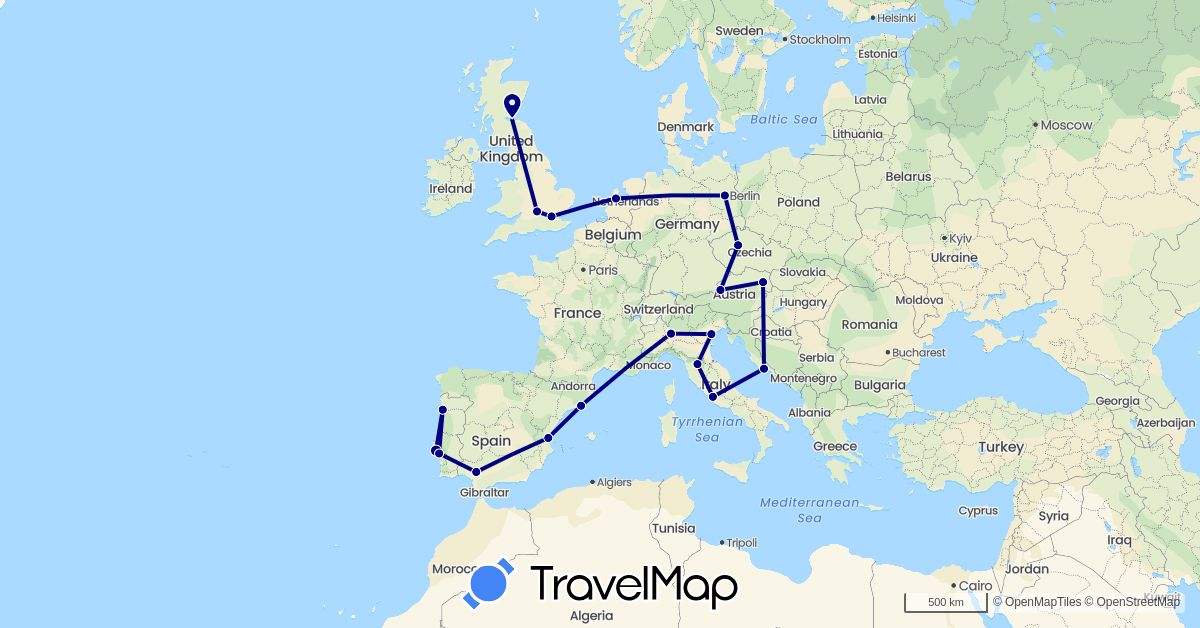 TravelMap itinerary: driving in Austria, Czech Republic, Germany, Spain, United Kingdom, Croatia, Italy, Netherlands, Portugal, Vatican City (Europe)