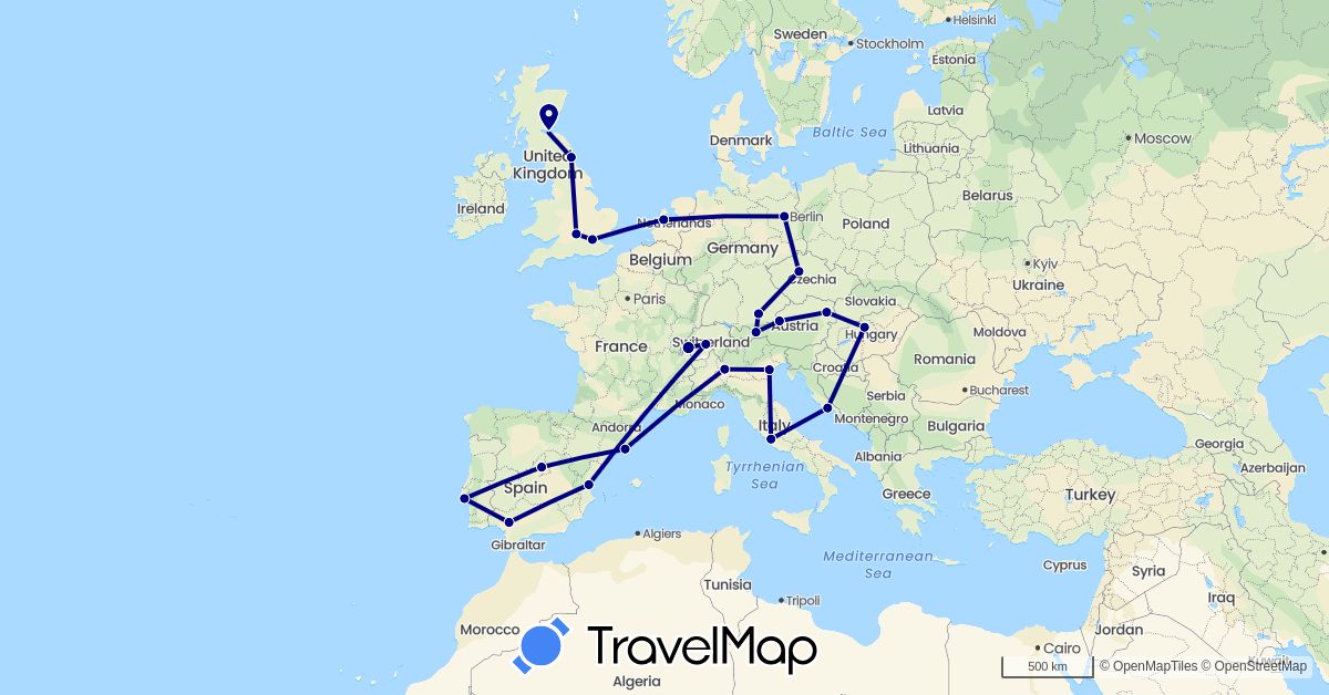 TravelMap itinerary: driving in Austria, Switzerland, Czech Republic, Germany, Spain, United Kingdom, Croatia, Hungary, Italy, Netherlands, Portugal, Vatican City (Europe)